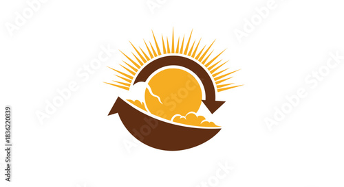 Stylized illustration featuring a sun with radiant rays over a cracked egg yolk, nestled in a bowl with cyclical arrows, symbolizing new life or process.