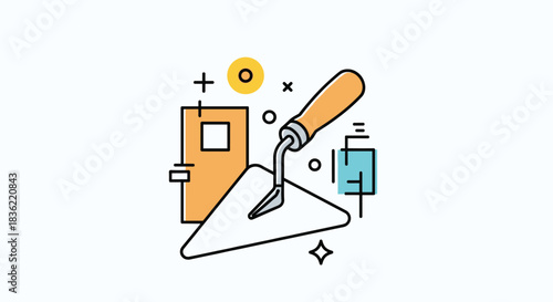 Modern flat line illustration of a masonry trowel with abstract elements, symbolizing construction, repair, and craftsmanship.