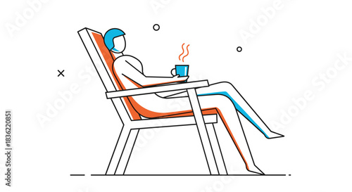 Minimalist line art illustration of a person relaxing comfortably in a lounge chair, enjoying a hot beverage in a mug.