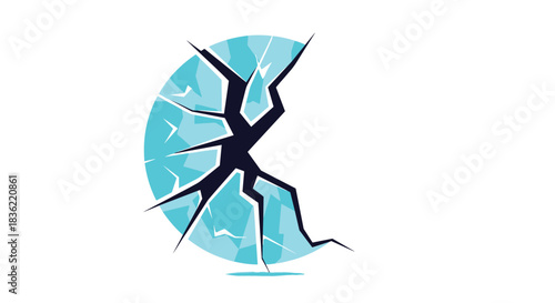 A graphic illustration of a circular object, possibly ice or glass, fractured into many sharp pieces with dark cracks, set against a white background.