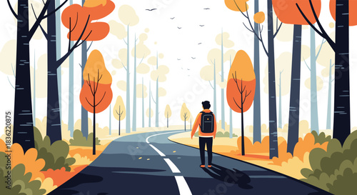 A solitary traveler with a backpack walks along a curving road through a beautiful autumn forest under a bright sky, surrounded by vibrant foliage.