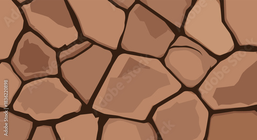 An illustration of a rustic, earthy brown stone wall texture, with various sized rocks and dark lines, suitable for backgrounds or game assets.