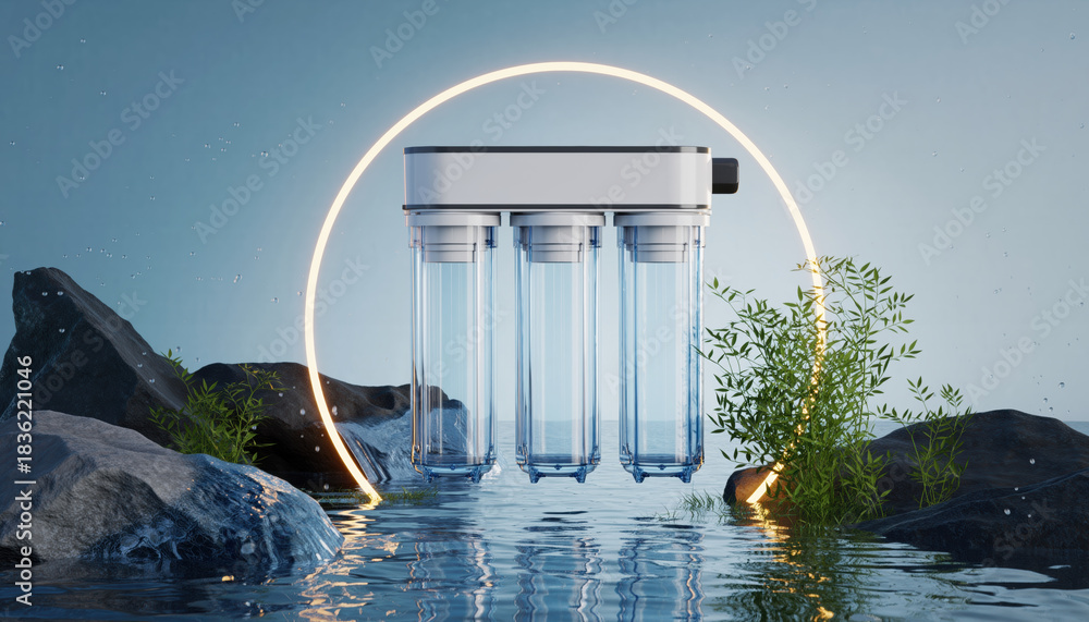 Naklejka premium Futuristic transparent water filter device showcasing clean technology. An innovation in water purification and sustainability for pure, eco lifestyle concept floating above water