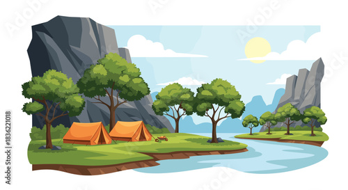 A vibrant illustration shows a serene camping scene with orange tents by a flowing river, surrounded by green trees and majestic mountains under a bright sunny sky.