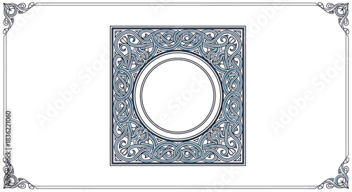 Elaborate square frame with intricate Celtic knotwork in blue and grey, featuring a central blank circular space, surrounded by a subtle decorative border.