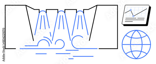 Hydropower dam with water flowing through turbines, connected chart tracking performance and a globe icon. Ideal for sustainability, energy, data analysis, innovation, progress, renewable resources