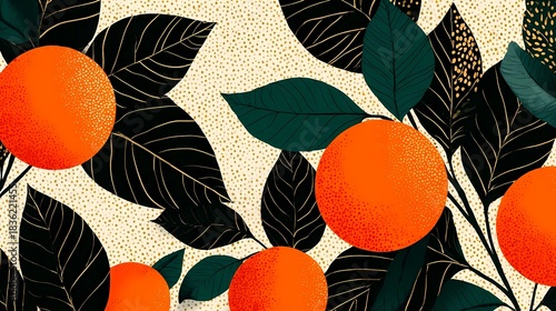 orange and leaves seamless pattern