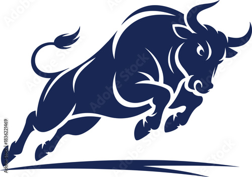 Dark blue bull vector in mid-leap with raised horns and sweeping ground lines, symbolizing strength, motion, and bullish market energy.