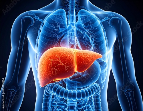 A medical illustration showing the human liver highlighted within the torso, depicting its anatomical location.