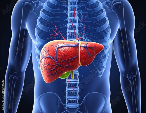 Medical illustration depicts the human liver, rib cage, and spinal column within the body.