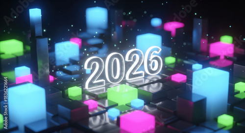 Wallpaper Mural futuristic 3d new year 2026 background with glowing cubes Torontodigital.ca