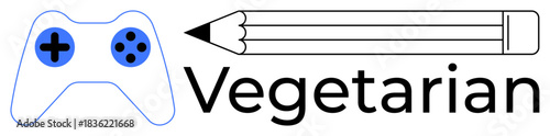 Gaming, education, creativity, vegetarianism, hobbies, lifestyle. A gaming controller, a pencil and the word Vegetarian in bold. Gaming and vegetarianism concept intertwined with hobbies