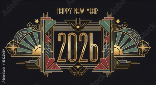 Art Deco New Year's: A vintage-inspired greeting celebrating the arrival of the New Year, showcasing an elegant design of the 1920s era, with the year 2026.
