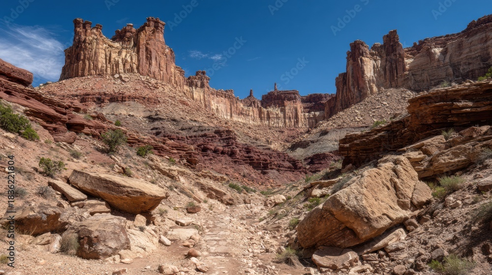 Fototapeta premium Vast Desert Canyon With Towering Red Rock Formations and a Clear Blue Sky During Daytime