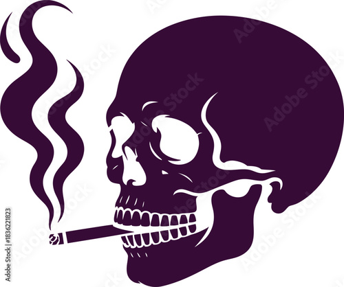 Dark purple skull vector in right-facing profile with cigarette and rising smoke, symbolizing mortality, addiction, and graphic impact.