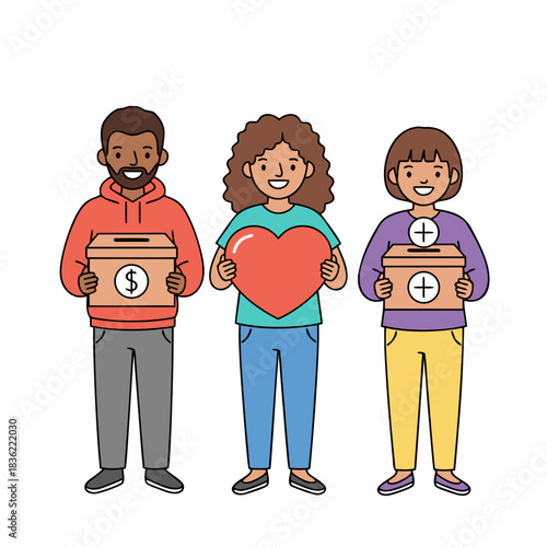 Diverse Group Holding Donation Box Heart and Medical Symbols Representing Charity and Healthcare Support
