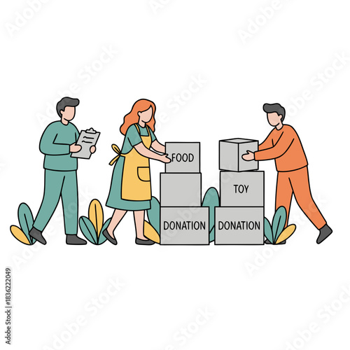 Diverse group of people organizing donation boxes labeled food and toy for charitable giving with surrounding green foliage and clear background in a minimalist vector art style