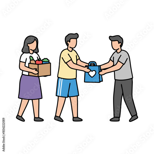 Diverse group of people sharing groceries in a community support initiative with a focus on mutual aid and volunteerism depicted in flat vector art style