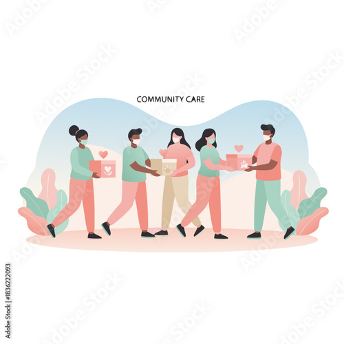 Diverse group of people wearing face masks exchanging gift boxes in a community care initiative with soft pastel background and stylized foliage