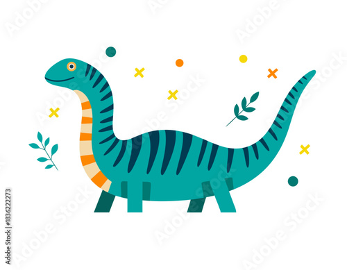 Cute Blue Cartoon Brontosaurus Dinosaur with Orange and White Striped Neck and Green Leaves and Yellow Stars on Black Background Simple Flat Design Vector Illustration