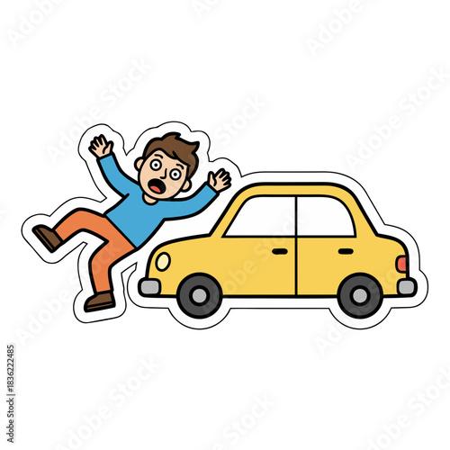 Cute yellow car with rounded edges front facing isolated on a pure white background in a flat design style capturing a comical accident scenario with a startled person