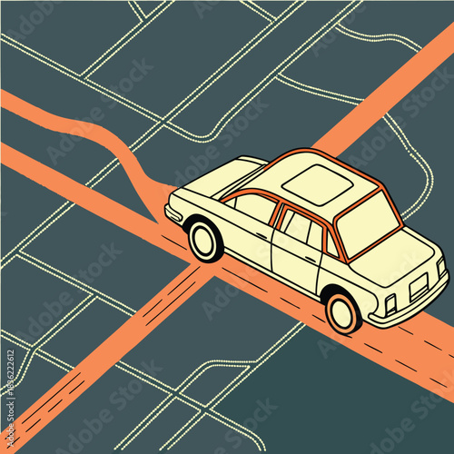 Retro car riding on crossroad map vintage automobile traveling on road vector illustration