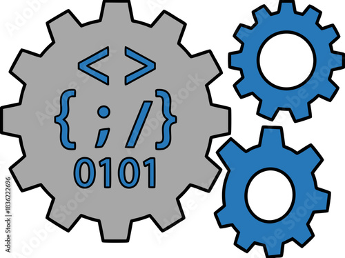 Digital Cogwheel With Programming Symbols And Binary Code Representing Technology And Software Development In Blue And Gray Colors On A Black Background