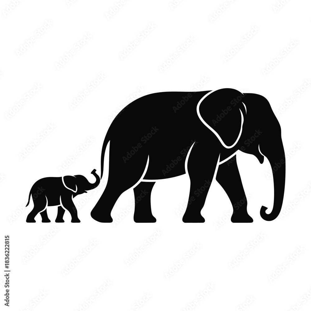 Fototapeta premium Silhouette vector image of a an elephant mother and baby walking,, on white background.