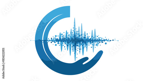 Innovative digital soundwave analysis and auditory data protection emblem with a symbolic human element
