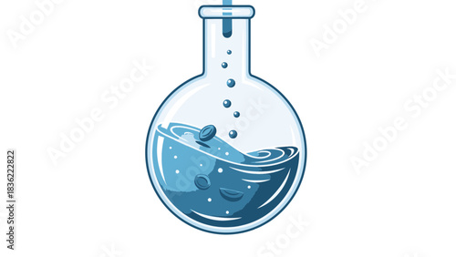 Dynamic illustration of a laboratory flask with swirling blue liquid and particles, representing chemical reactions and scientific exploration