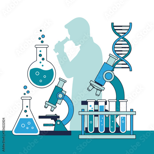 Engaged scientist utilizing microscopes and lab equipment for discovery and innovation in a modern research setting, with DNA elements