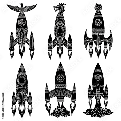 Tribal Rocket Vector Set – Ornamental Black and White Space Rockets with Boho and Celestial Engraved Style

