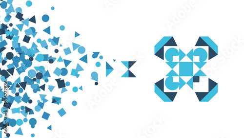 Abstract graphic depicting the dynamic flow and organization of disparate geometric elements, culminating in a structured, complex symmetrical design