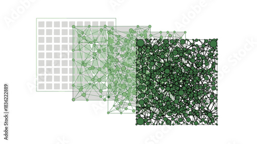 Abstract visualization of network growth and complexity, evolving from basic structures to intricate, interconnected systems