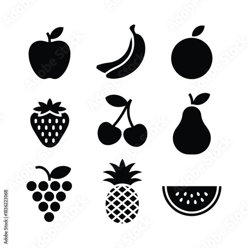 Create 9 icon Bundle of Silhouette vector image of Organic Food Silhouette Bundle blake silhouette whit a white background.