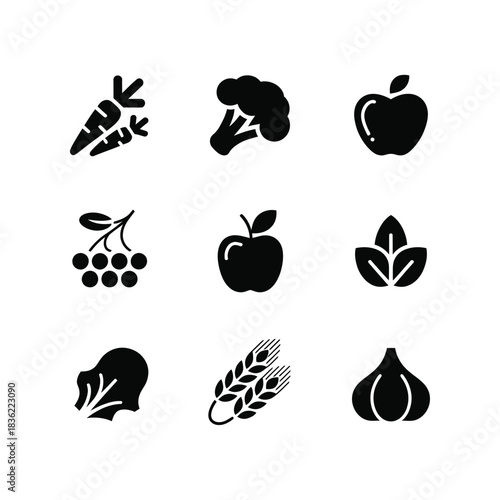 Create 9 icon Bundle of Silhouette vector image of Organic Food Silhouette Bundle blake silhouette whit a white background.