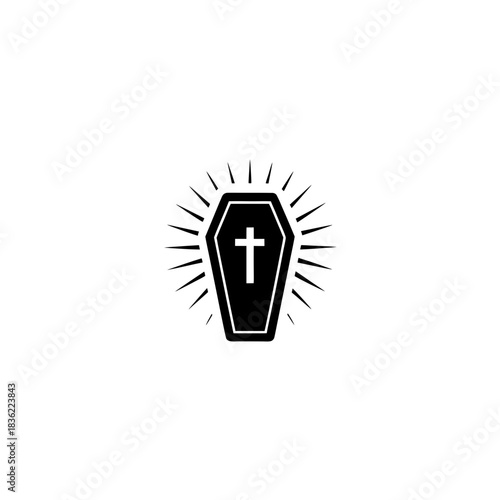 Illustration of a black coffin with a cross and light rays on transparent background