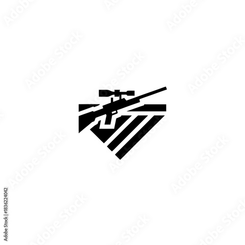 Silhouette of sniper rifle on striped diamond shaped emblem on transparent background