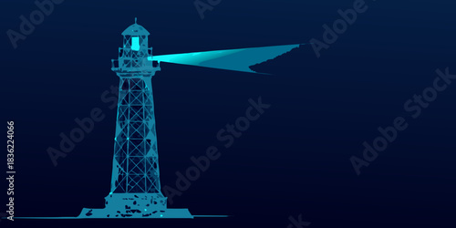 Abstract lighthouse illustration with shining light on dark blue background