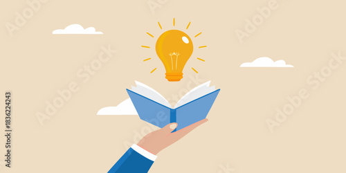 Book inspiring ideas and creativity with lightbulb above open book
