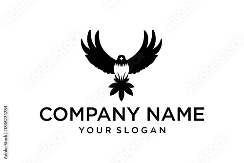 Black and white stylized bird logo with outstretched wings and leaf element, ideal for company branding.