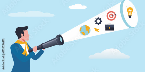 Man with telescope looking at business goals and future opportunities