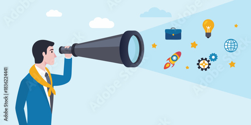Businessman looking through telescope at business opportunities and future growth