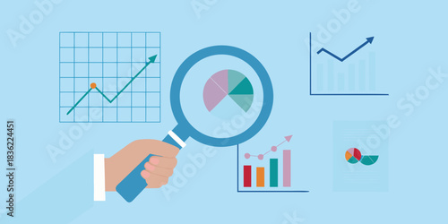 Analyzing business data with magnifying glass and charts illustration