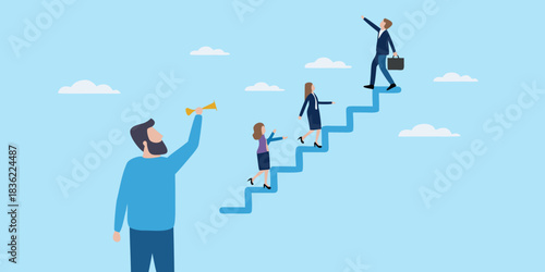 Business team climbing stairs to success with leader guiding the way
