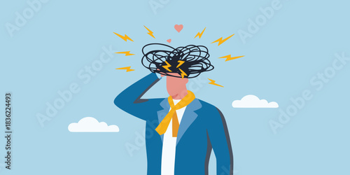 Stressed businessman with tangled thoughts and lightning bolts around his head