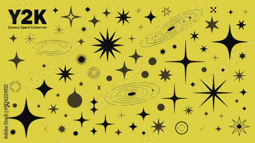 Y2 K cosmic spark collection on yellow background retro