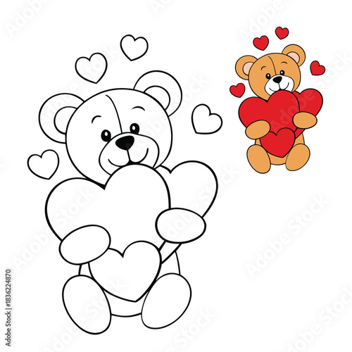 Cute cartoon teddy bear hugging a big bunch of hearts, smiling sweetly. Simple bold outlines, adorable pose, and charming details make this a perfect, lovable coloring page.
