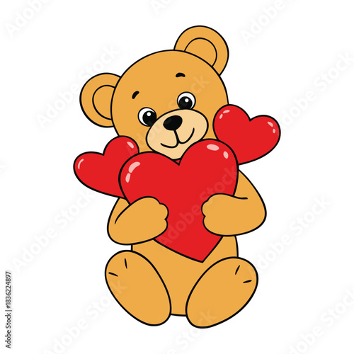 Adorable cartoon teddy bear hugging a big bunch of bright hearts, smiling sweetly with rosy cheeks. Soft, cuddly, and full of love, this charming bear spreads warm, happy vibes.