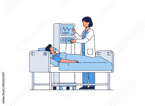 Doctor Adjusting Medical Equipment For Patient Lying In Hospital Bed With Monitors Displaying Vital Signs Flat Illustration Style